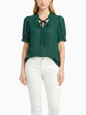 Sheer Tie-Neck Top Short Sleeve Top XS Emerald Green Coquette Office Whimsigoth
